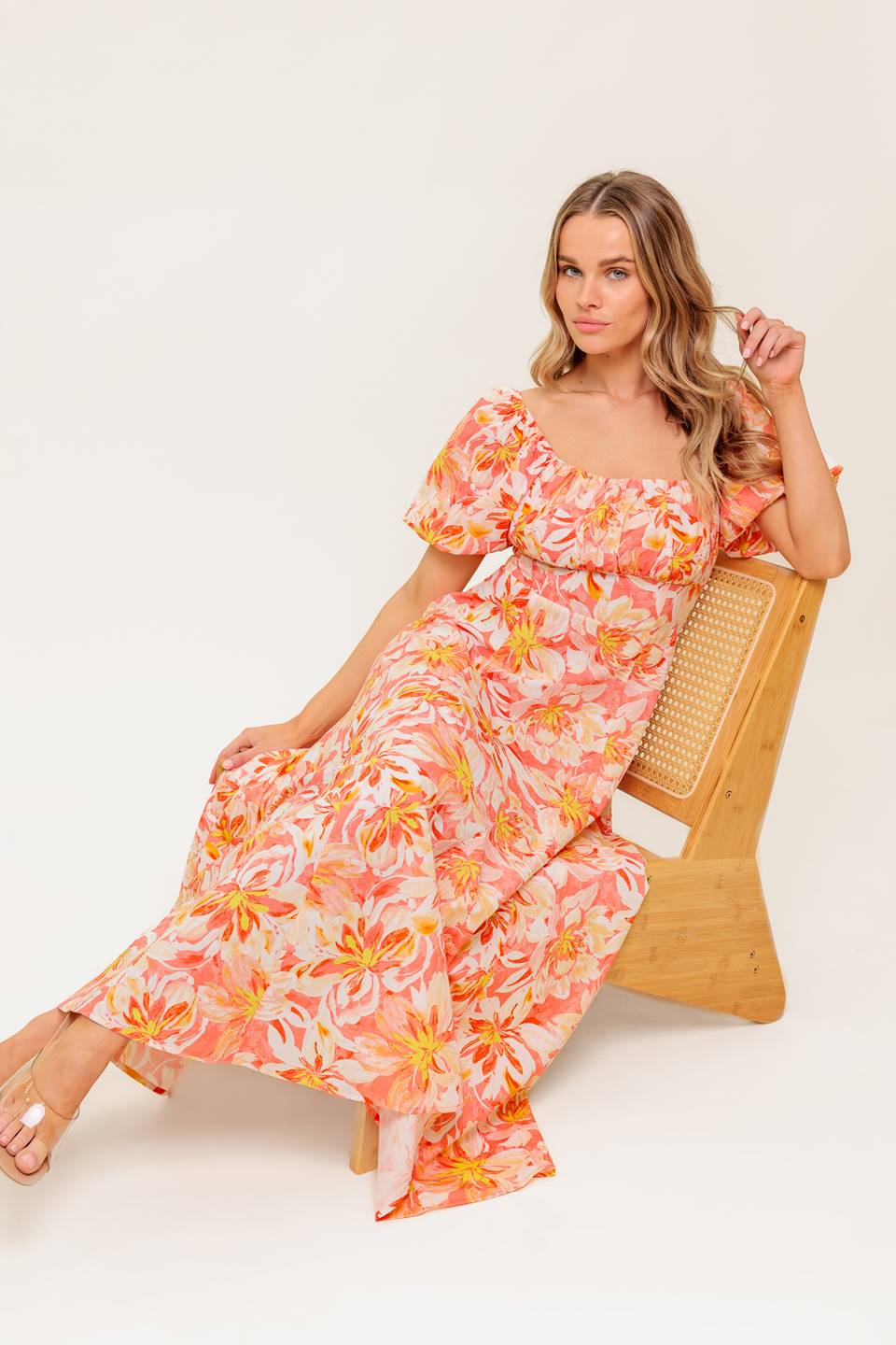 OCEAN FLORALS CORAL WOVEN MIDI DRESS Flying Tomato